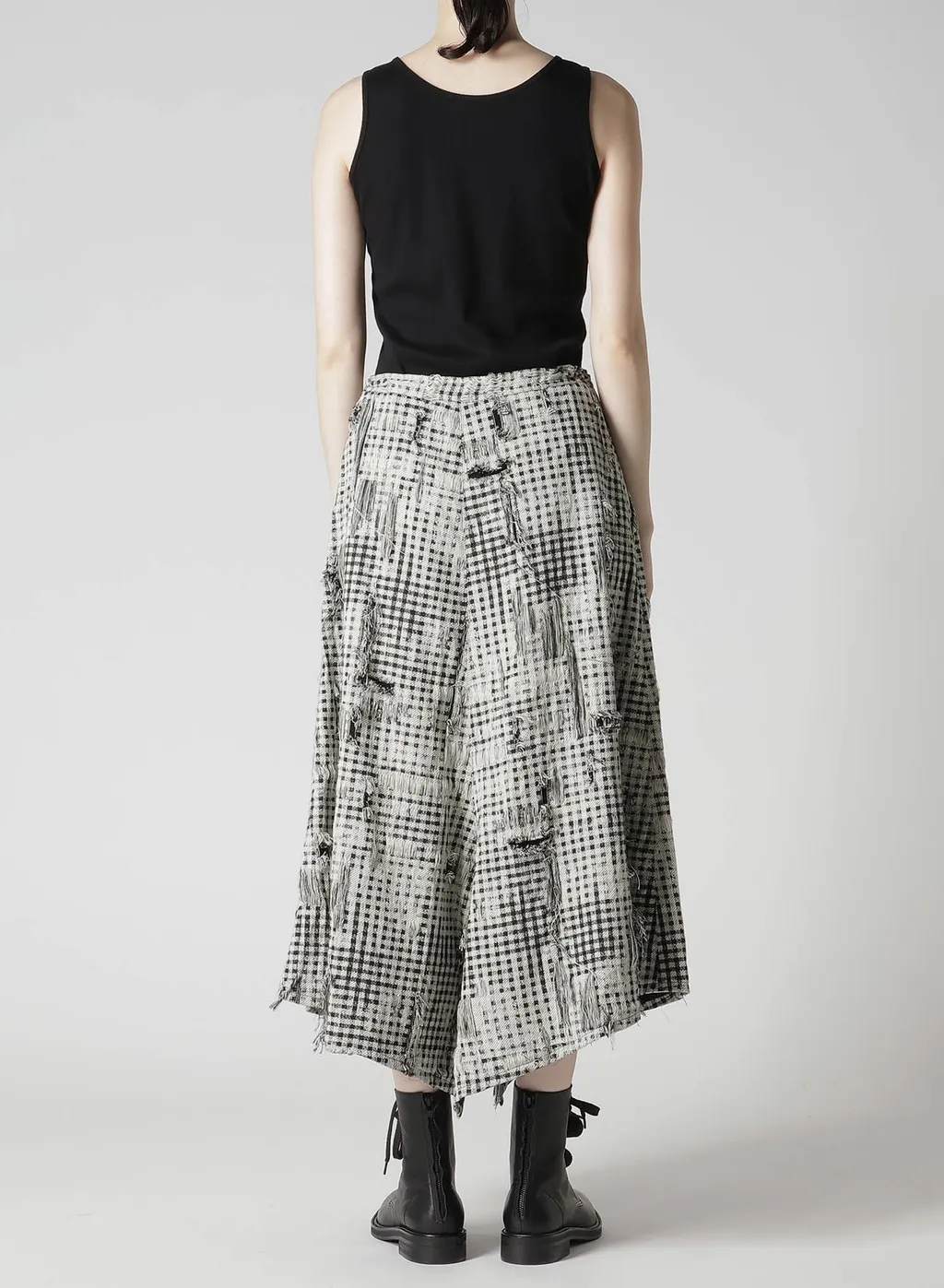 Damaged Gingham Jacquard Skirt-Like Pants