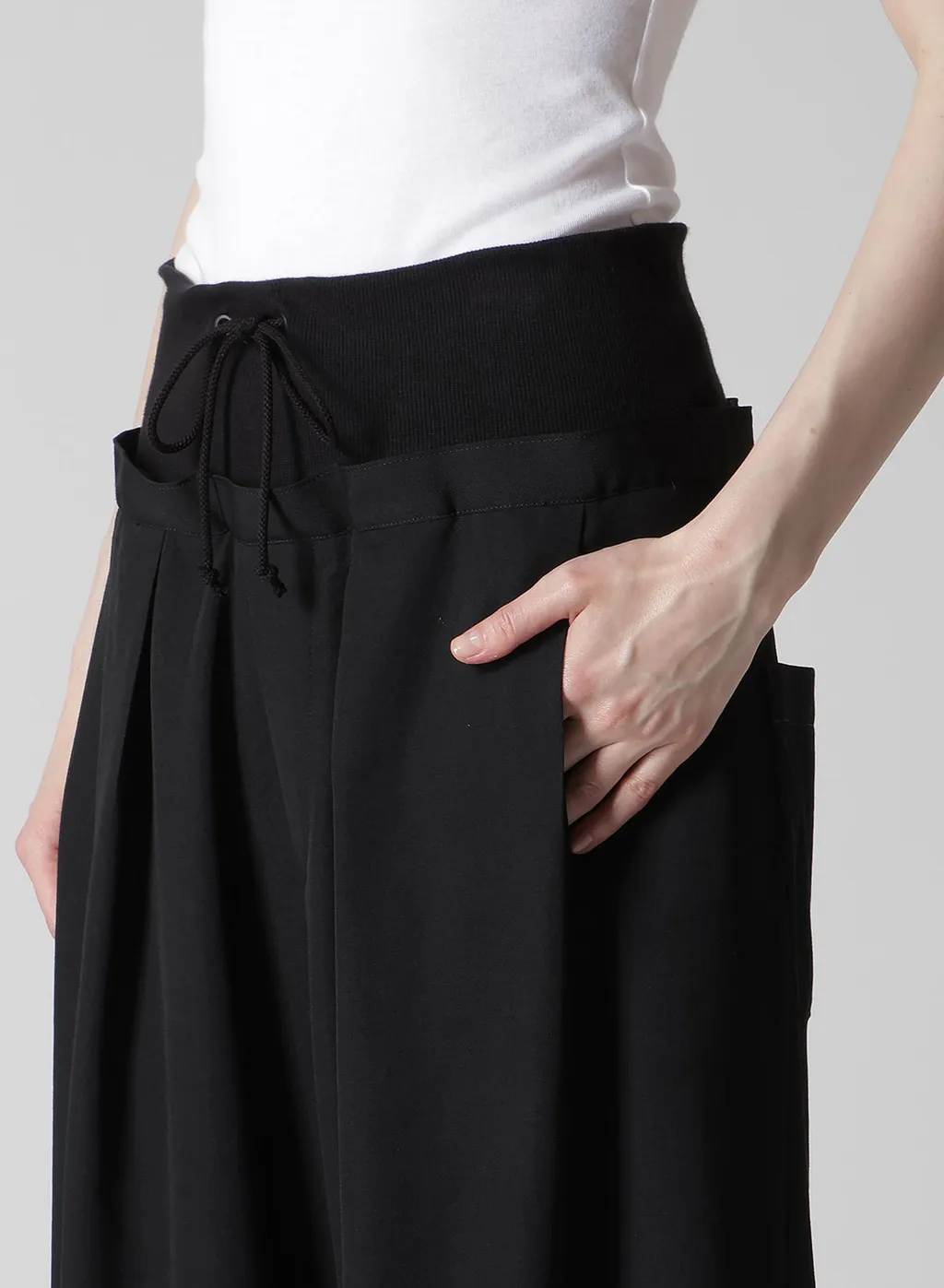 Wool Gabardine Rib Waist Wide Pants