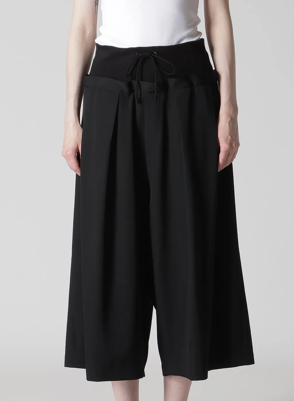 Wool Gabardine Rib Waist Wide Pants