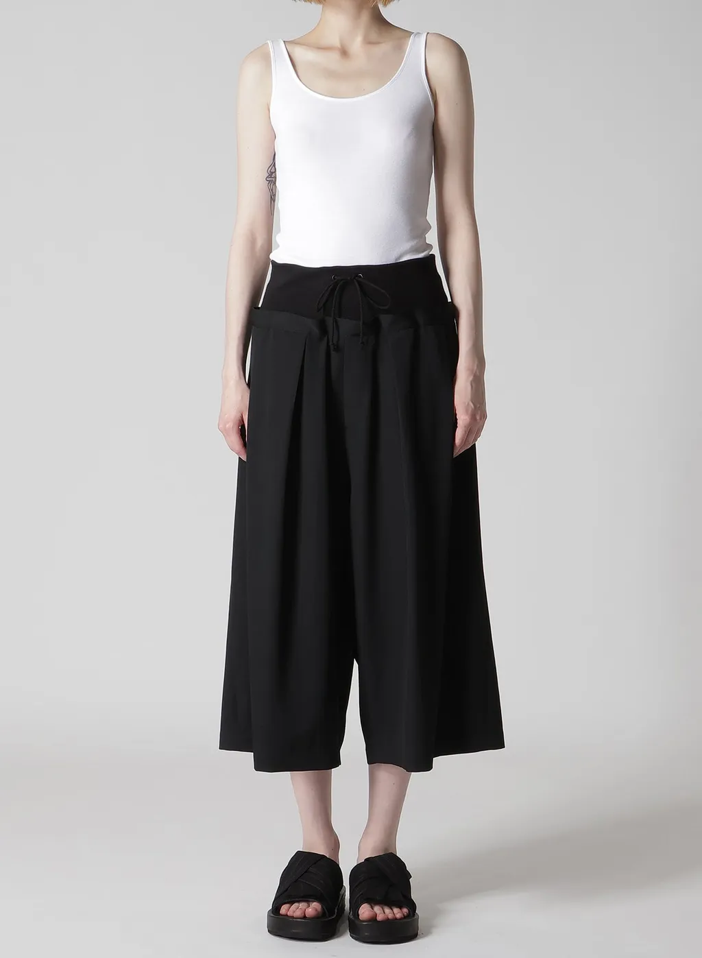 Wool Gabardine Rib Waist Wide Pants