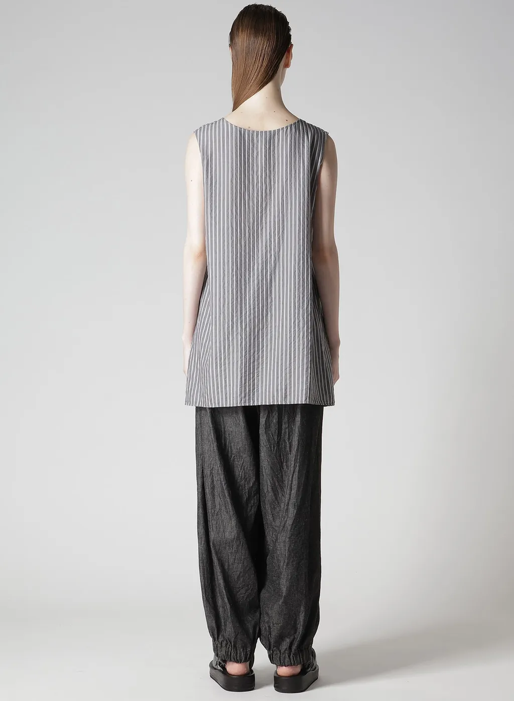 Cellulose Stripe Flare Sleeveless Blouse
