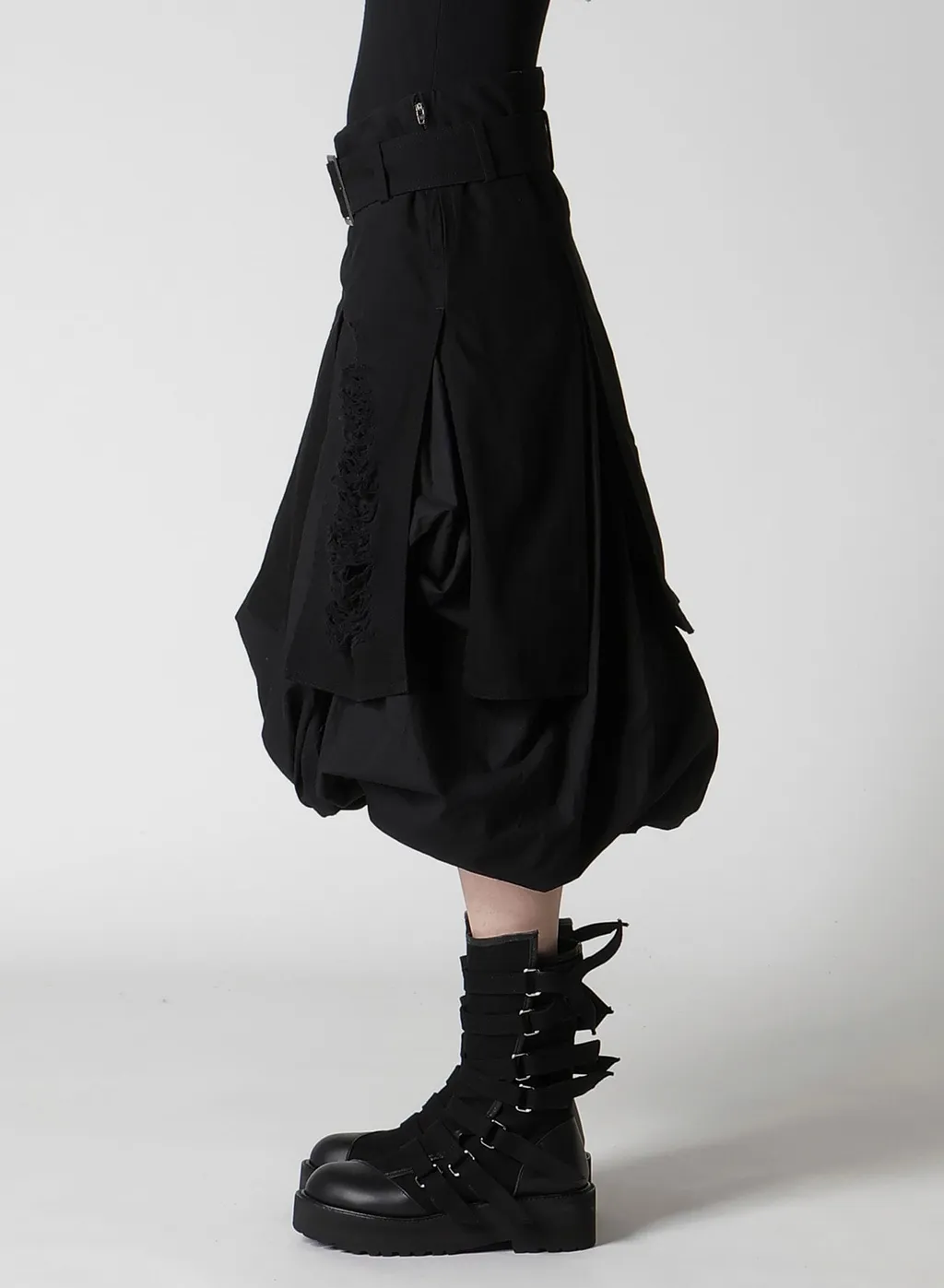 Damaged Denim Belt Balloon Skirt