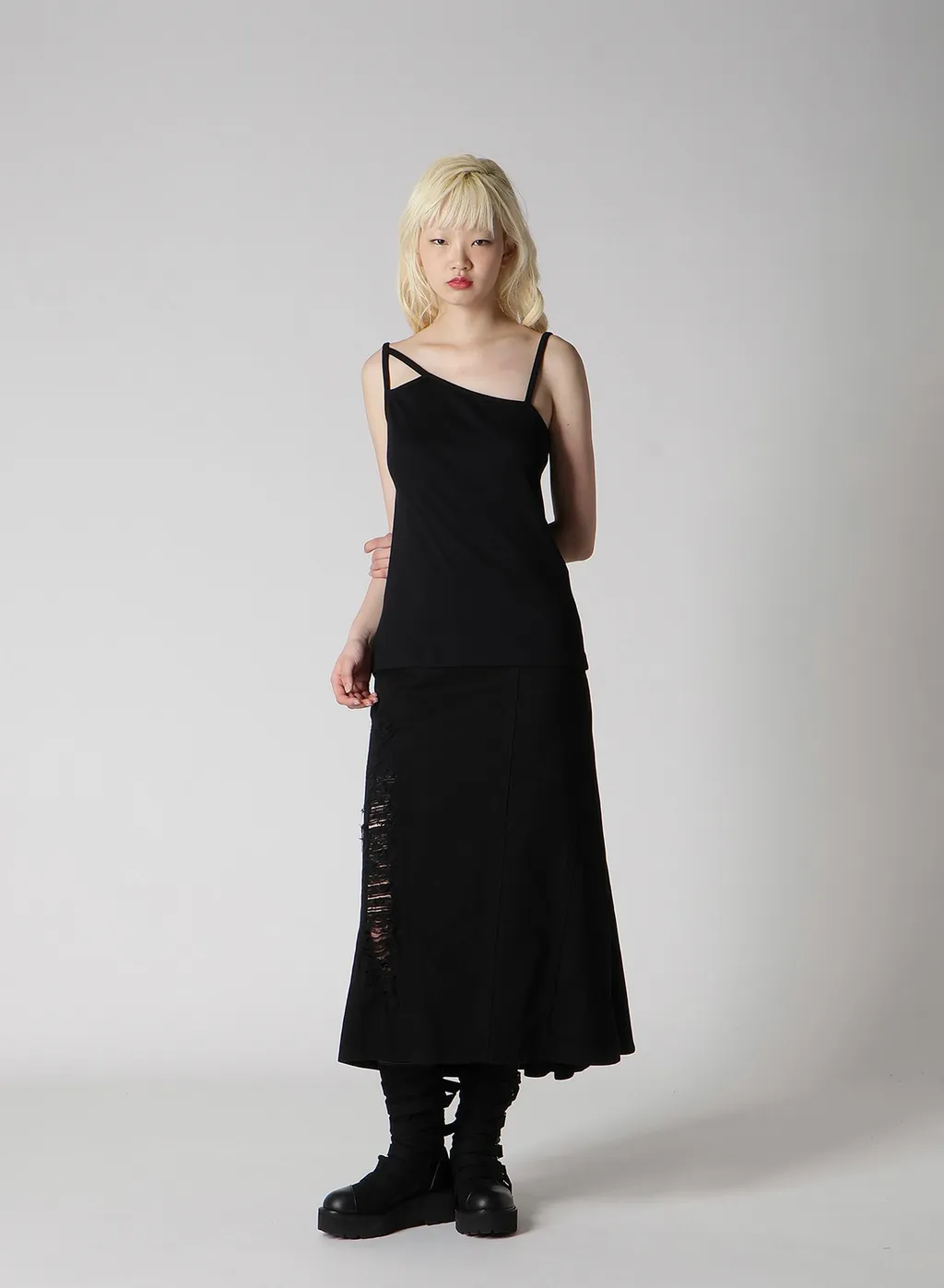 Dameged Denim Paneled Skirt