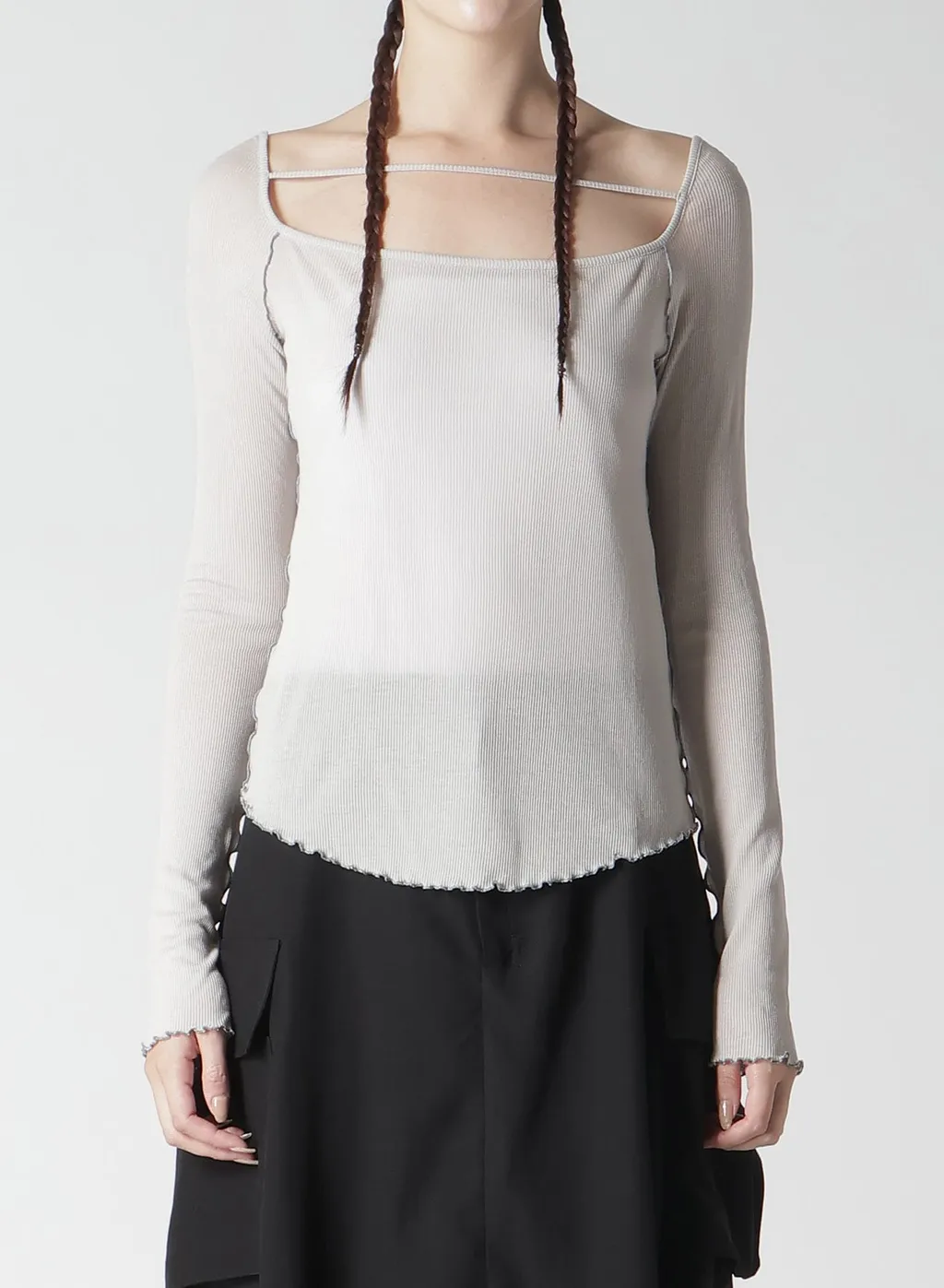 Rib Stitch Square Neck Long Sleeve T-Shirt