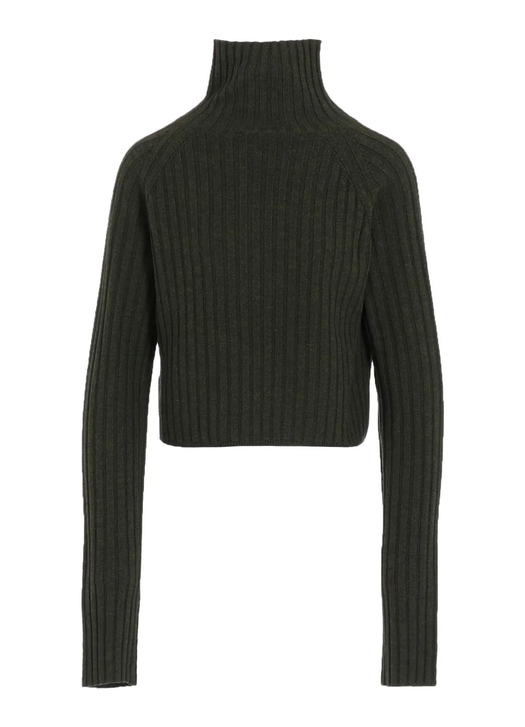 Fine Merino Wool Ribbed Raglen Short Length Turtle Neck