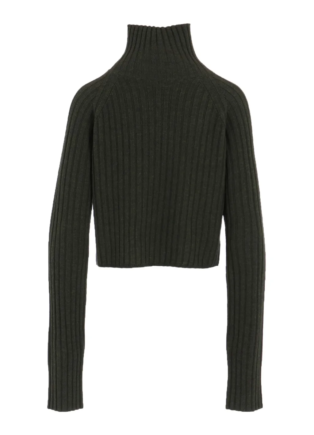 Fine Merino Wool Ribbed Raglen Short Length Turtle Neck
