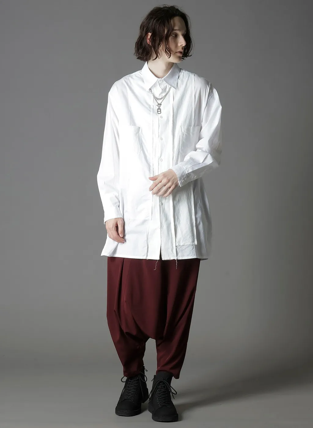 Switching Material Patchwork White Shirt