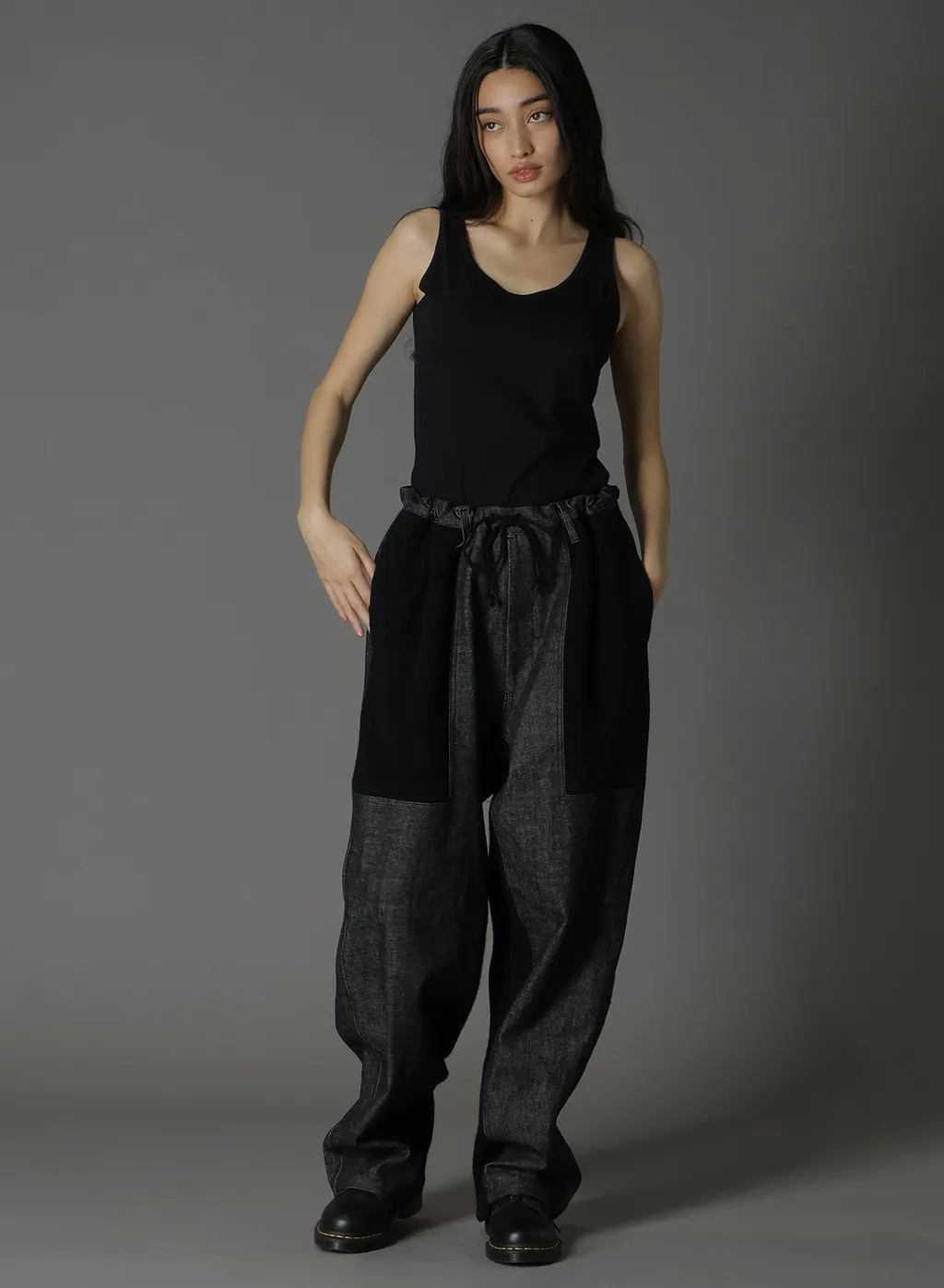 Black Denim +Wool Jersey Rib Waist String Pants