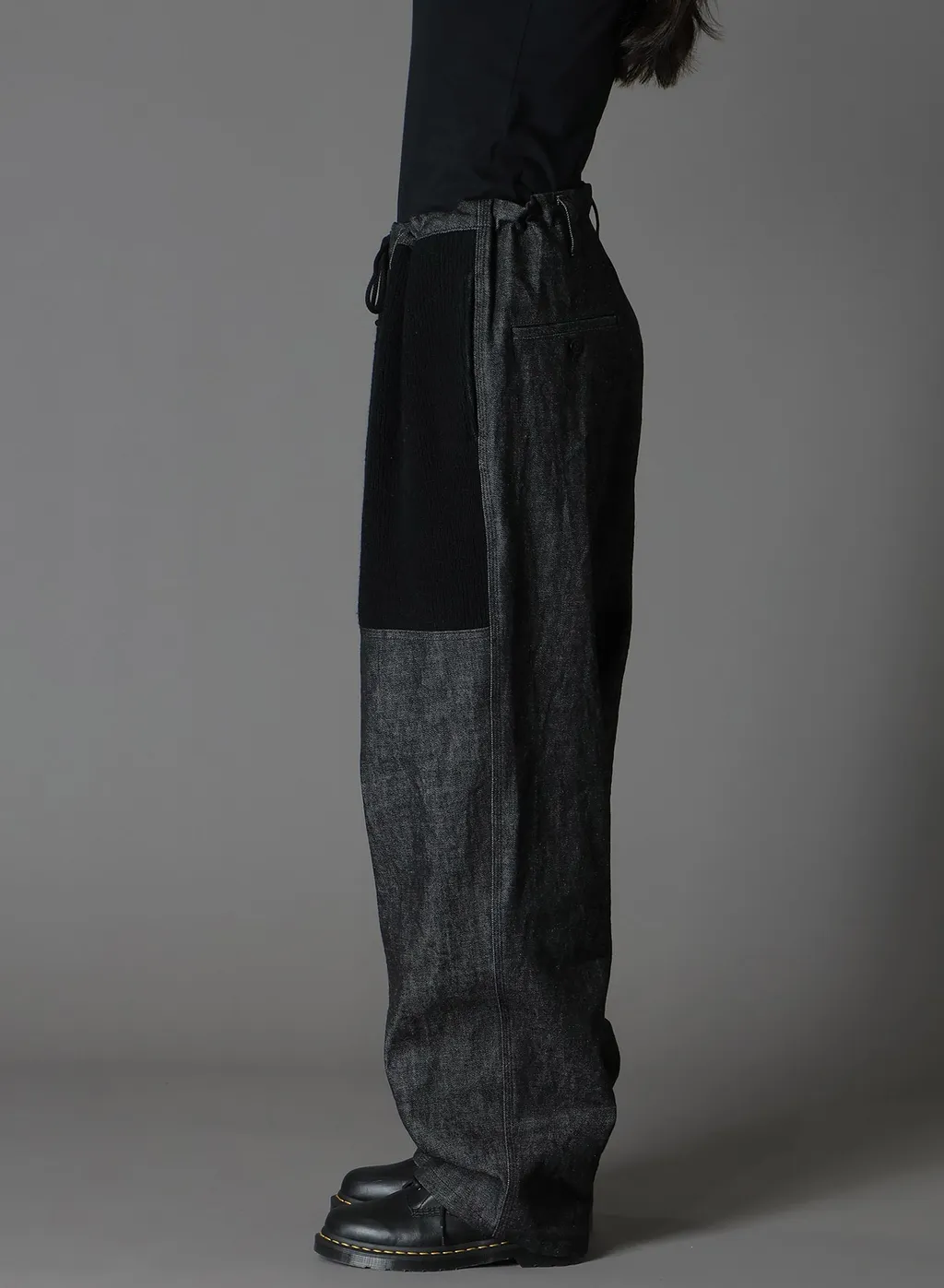 Black Denim +Wool Jersey Rib Waist String Pants