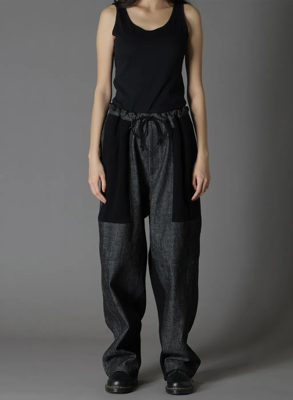 Black Denim +Wool Jersey Rib Waist String Pants