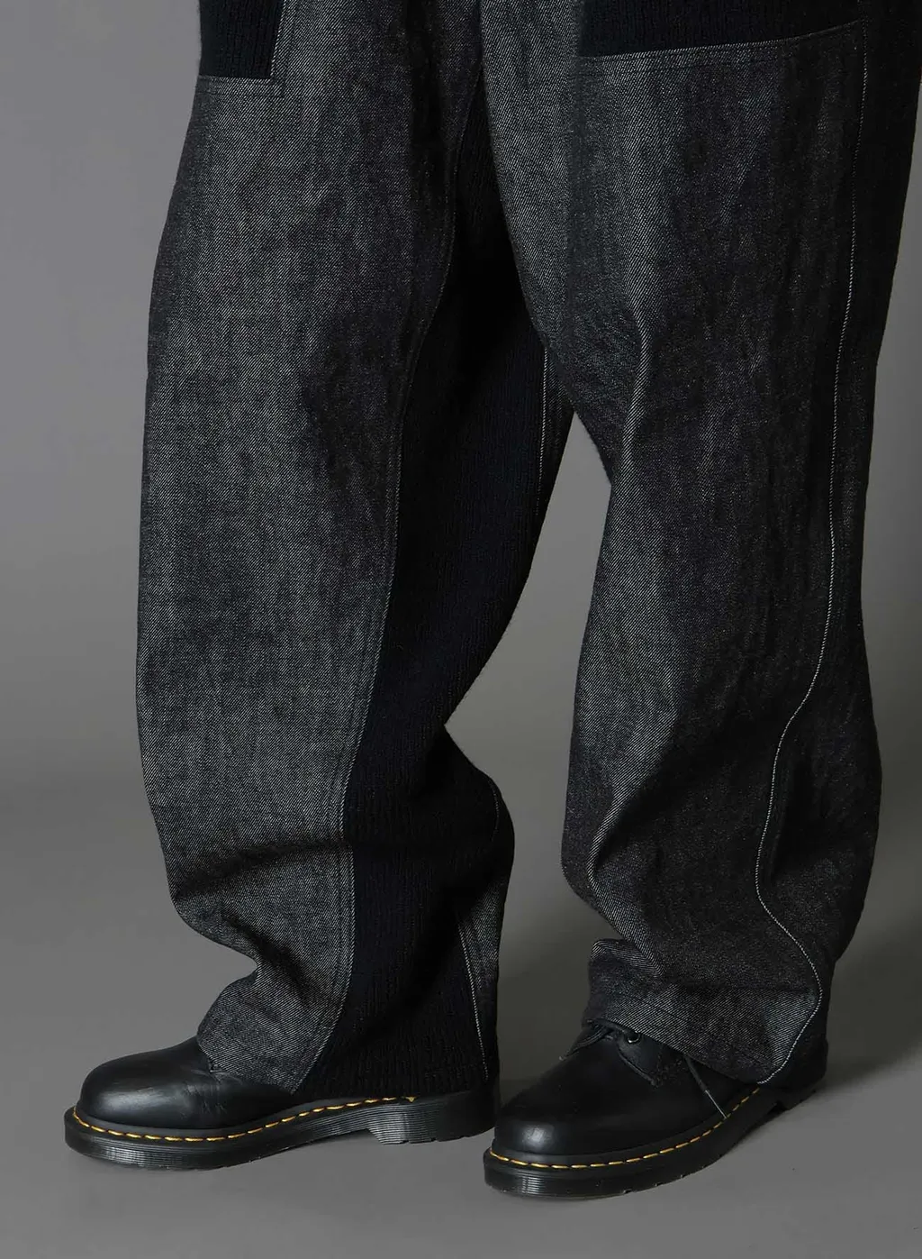 Black Denim +Wool Jersey Rib Waist String Pants
