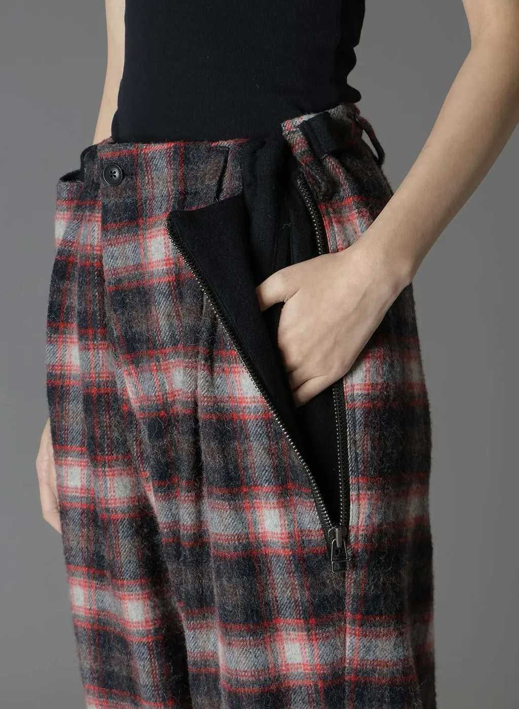Checked Shaggy Wool Zipper Pocket Pants