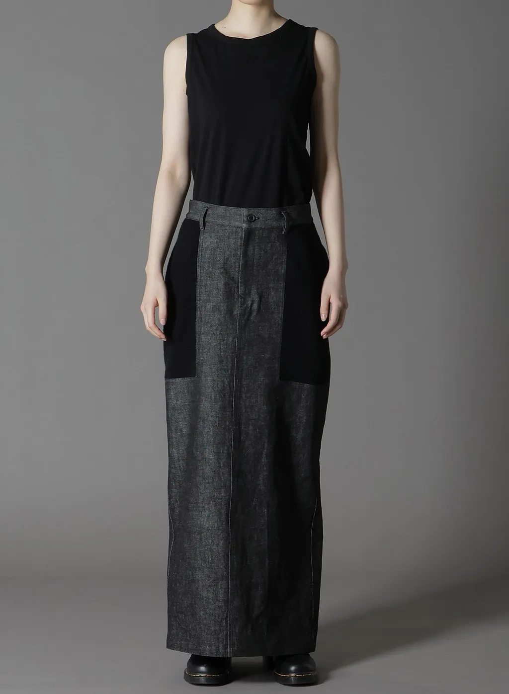 Black Denim +Wool Jersey Rib Tight Skirts