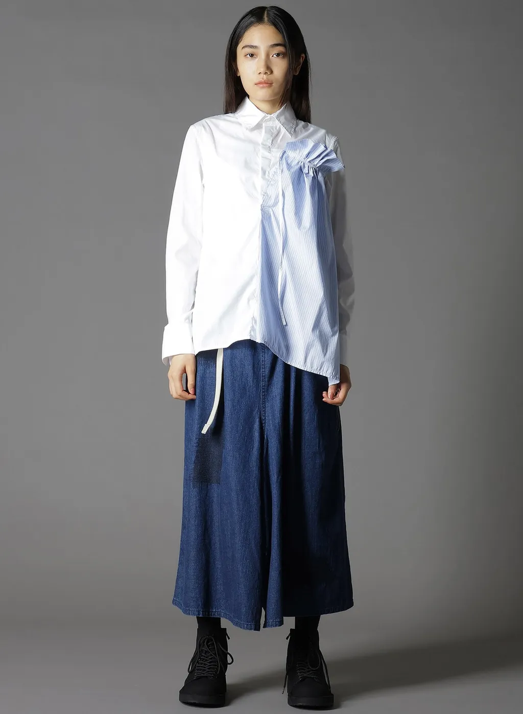 Cotton Broad + Stripe Switching Gather Shirts