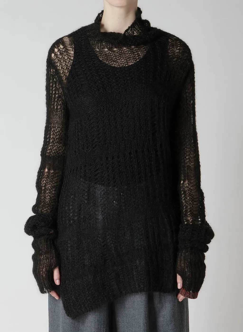 Sheer Plaid Asymmetric Long Knit
