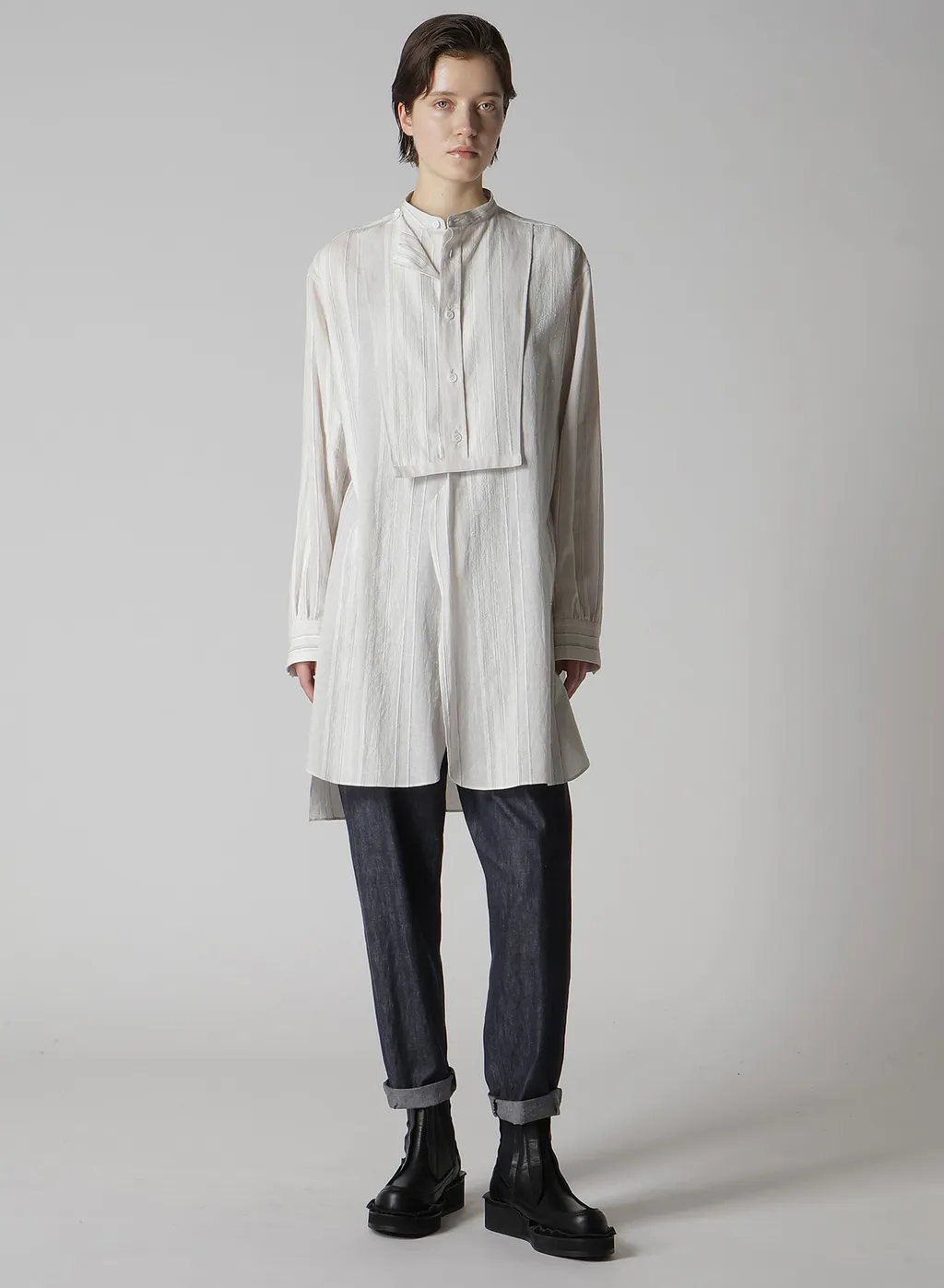 Stripe Shrink-Finish Front Cloth Blouse