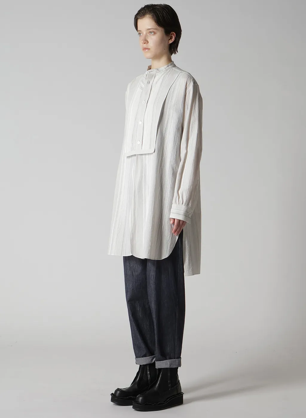 Stripe Shrink-Finish Front Cloth Blouse
