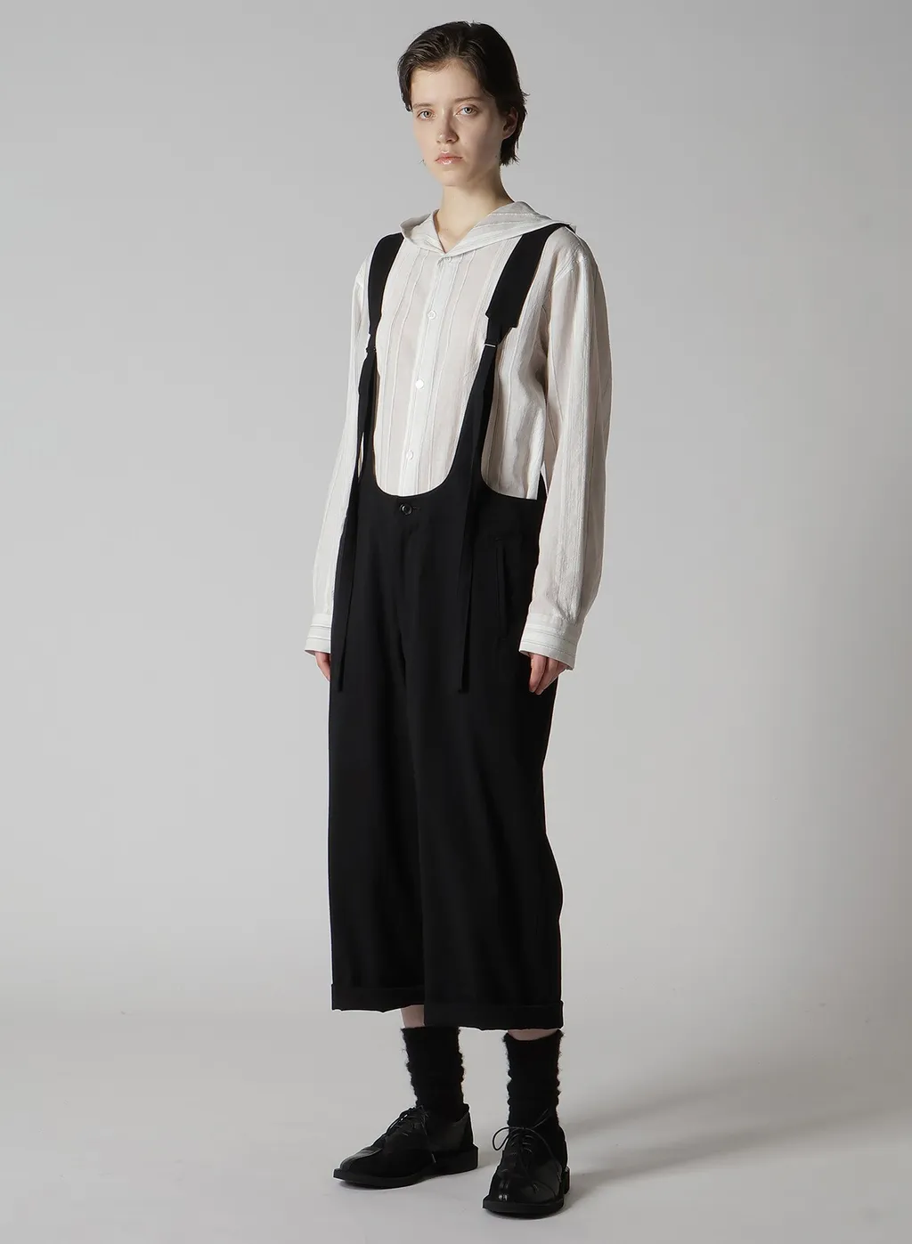 Stripe Shrink-Finish Sailor Collar Blouse
