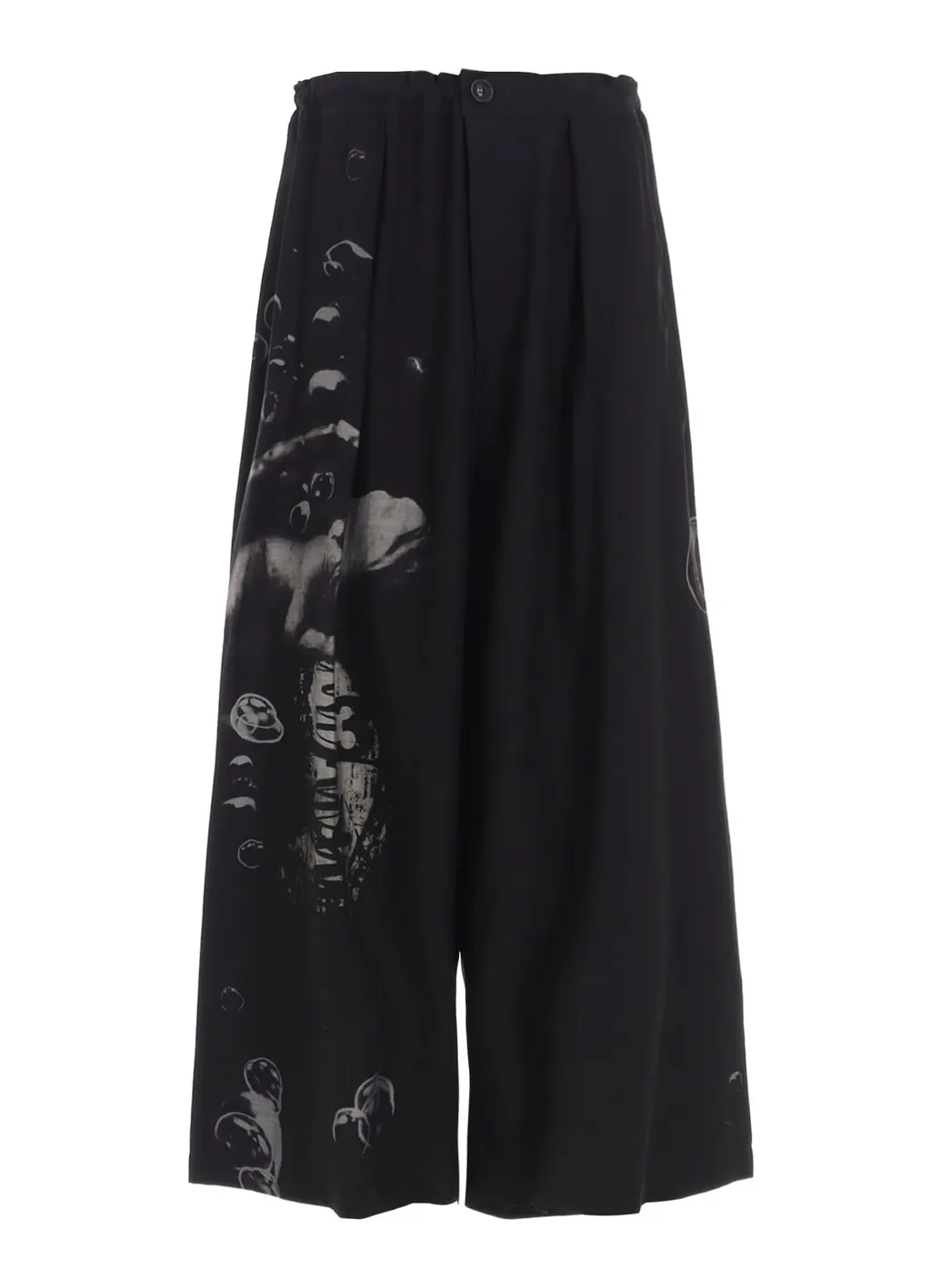 Angel-Print Dungaree Twill Front Plated Wide Pants