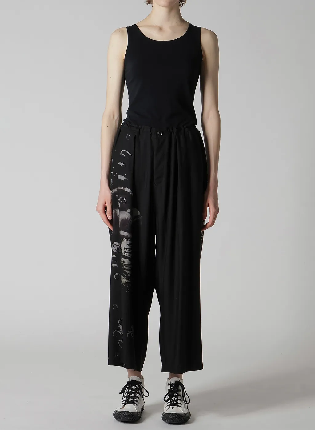 Angel-Print Dungaree Twill Front Plated Wide Pants