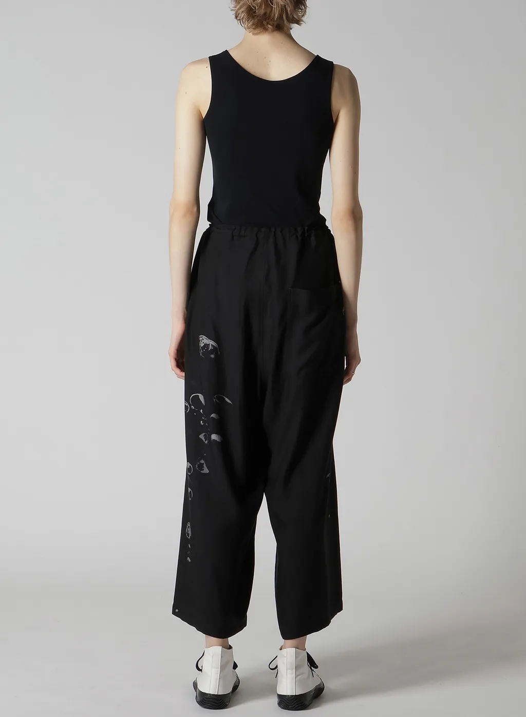 Angel-Print Dungaree Twill Front Plated Wide Pants