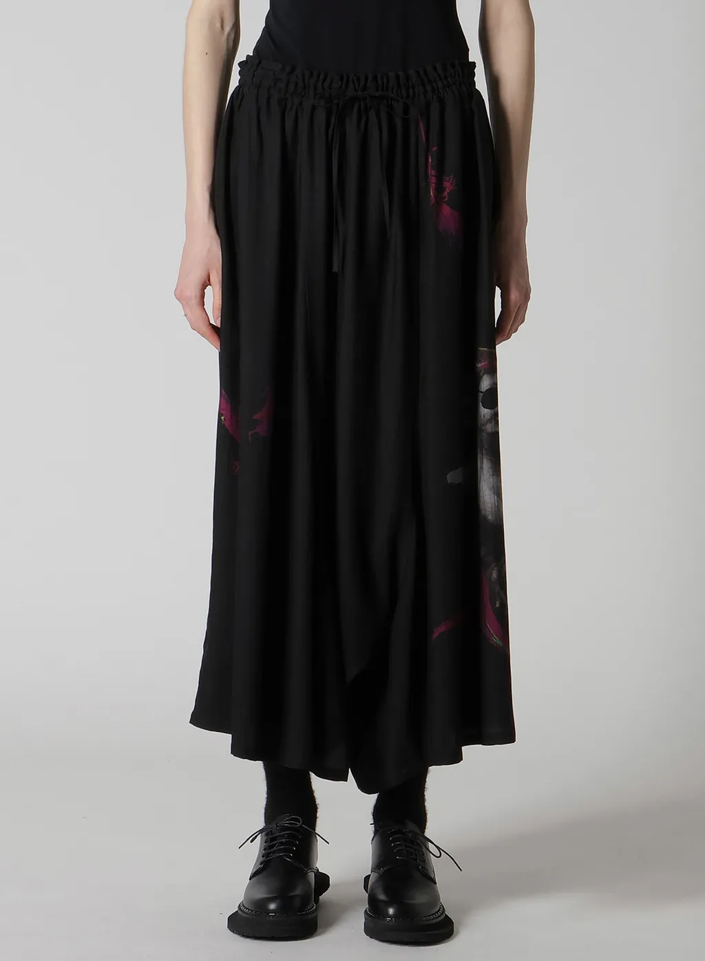 Angel-Print Dungaree Twill Gathered Pants