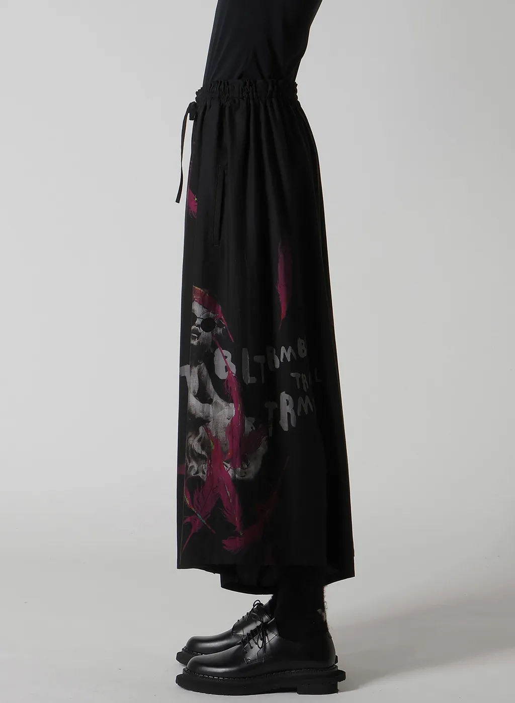Angel-Print Dungaree Twill Gathered Pants