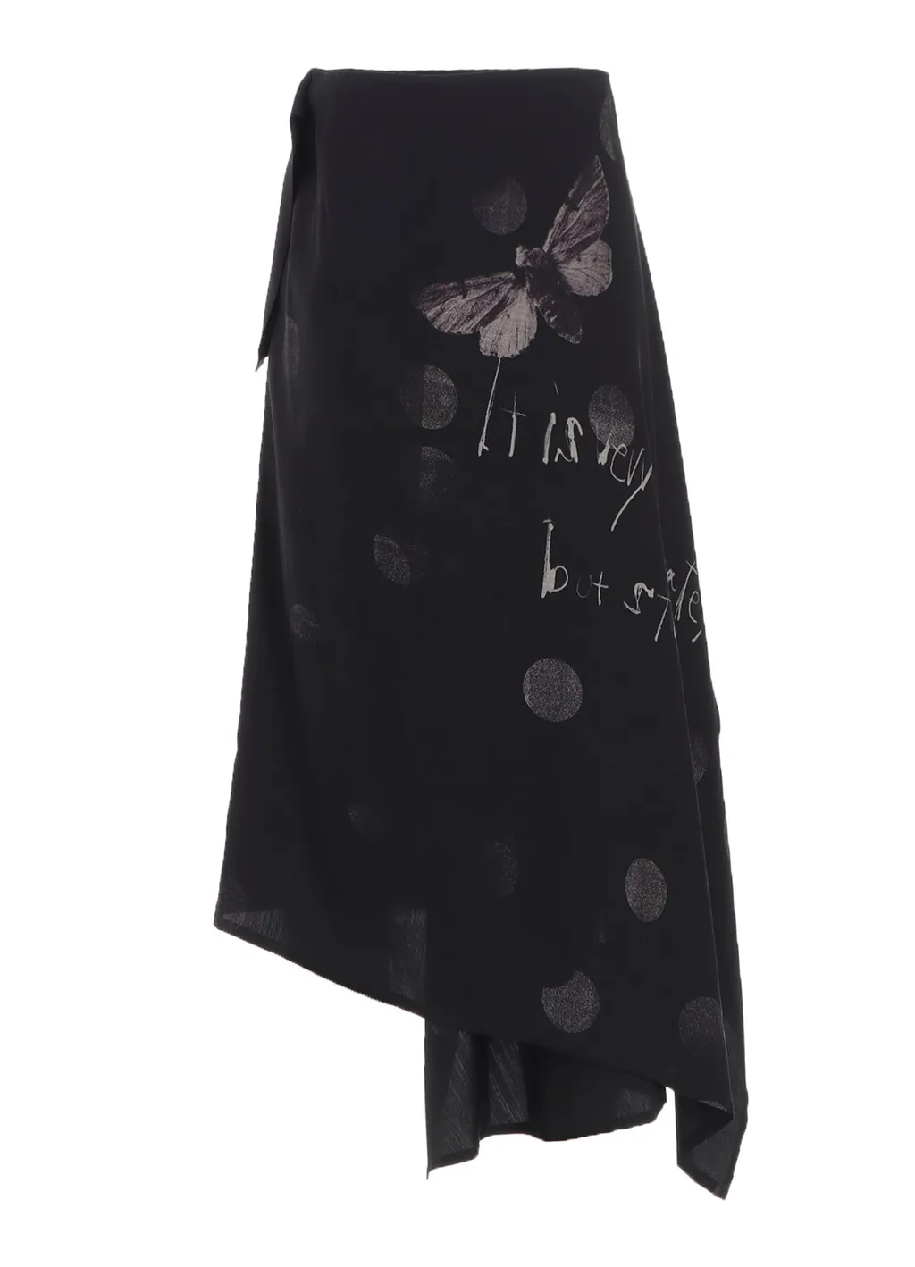 Butterfly-Print Dungaree Twill Asymmetric Midi Skirt