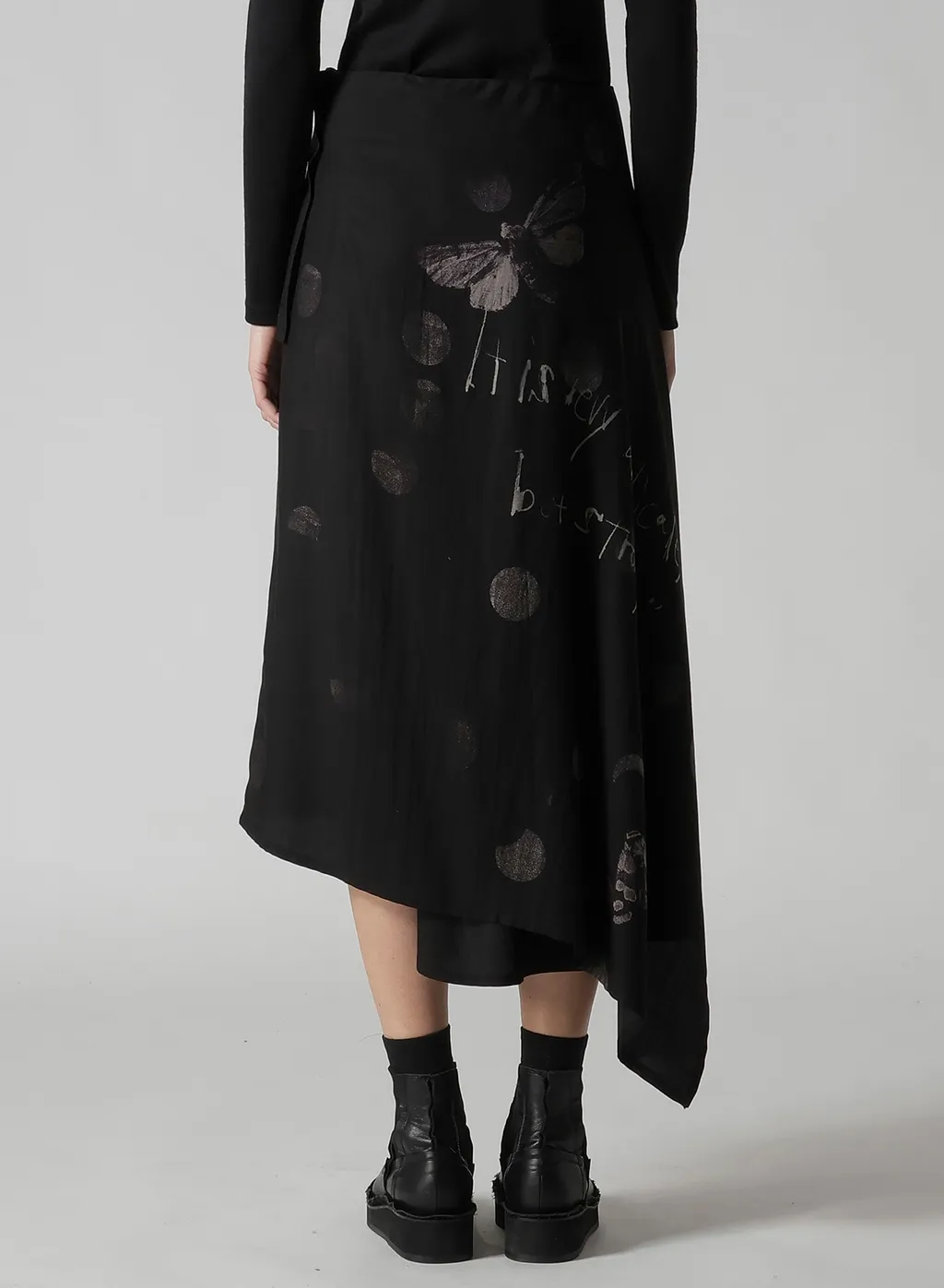 Butterfly-Print Dungaree Twill Asymmetric Midi Skirt