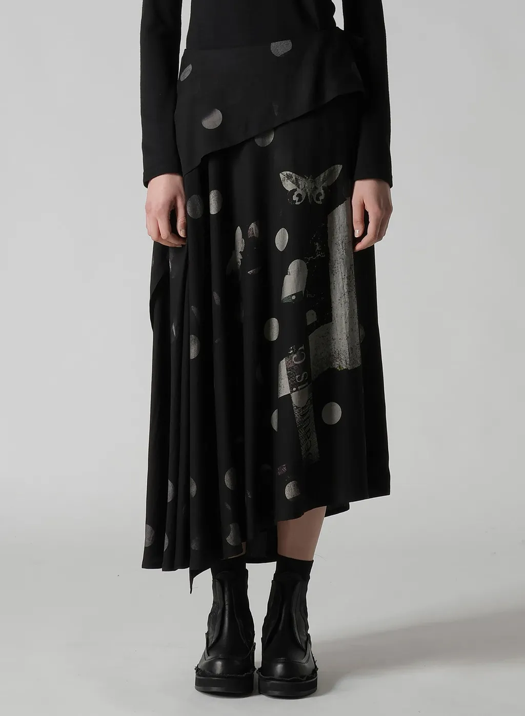 Butterfly-Print Dungaree Twill Asymmetric Long Skirt