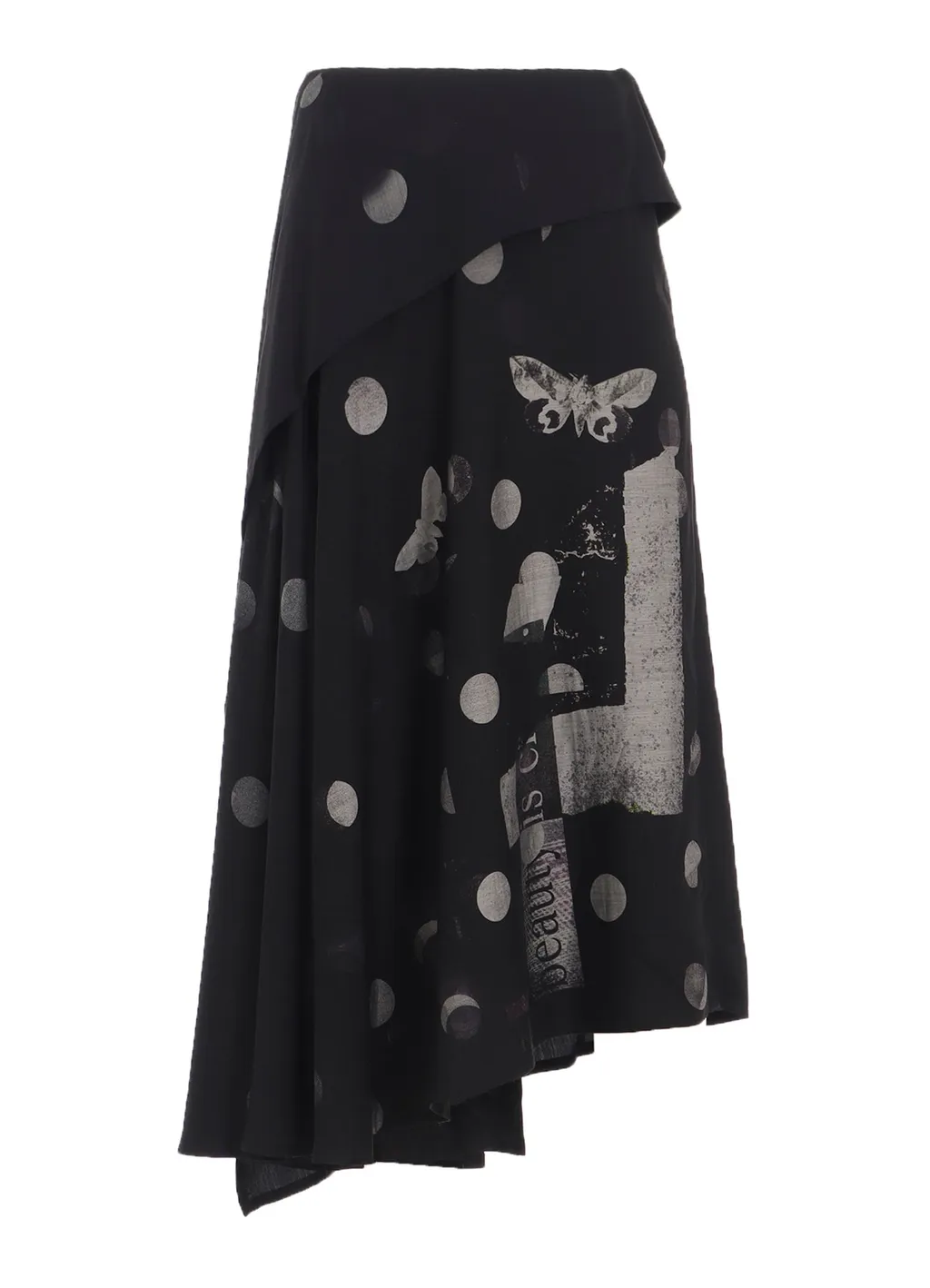 Butterfly-Print Dungaree Twill Asymmetric Long Skirt
