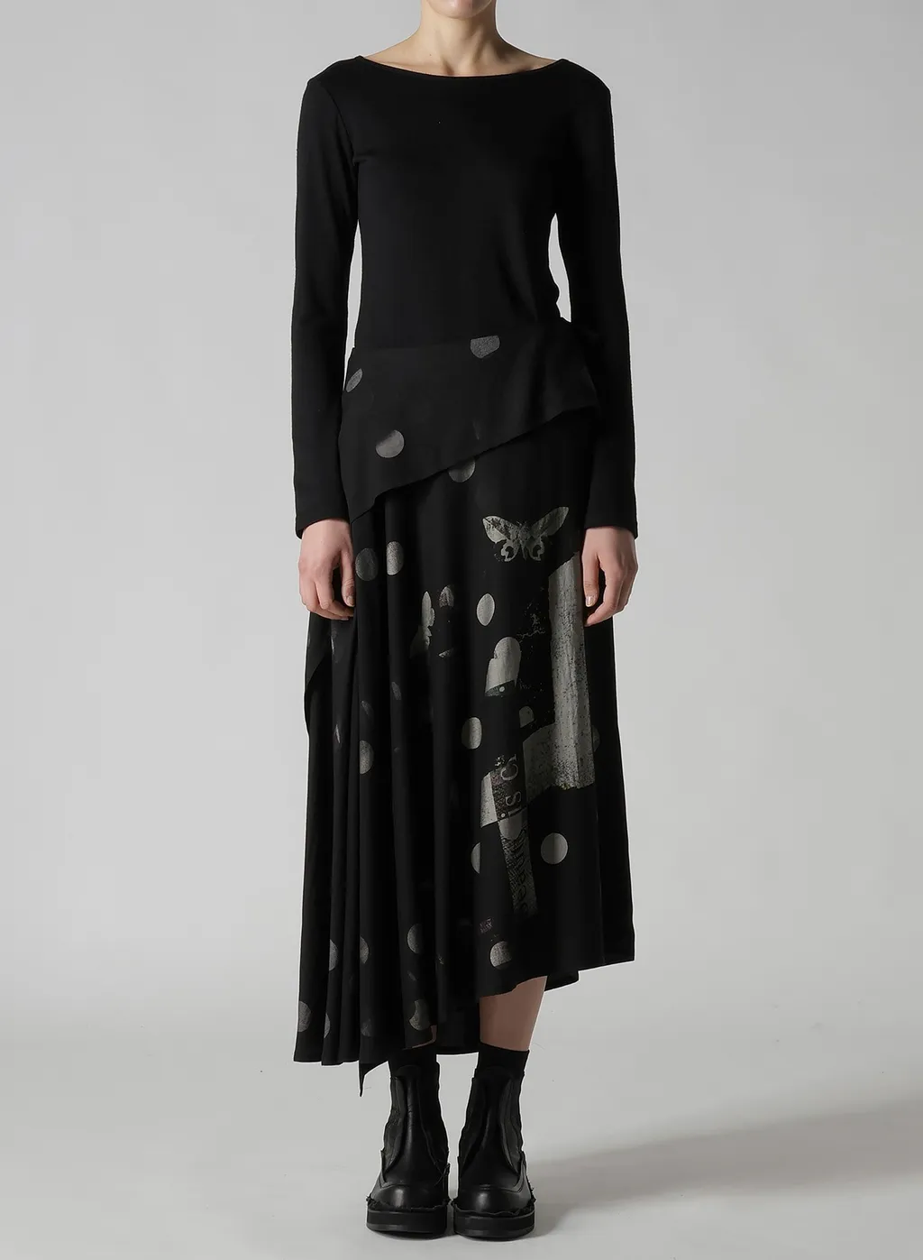 Butterfly-Print Dungaree Twill Asymmetric Long Skirt
