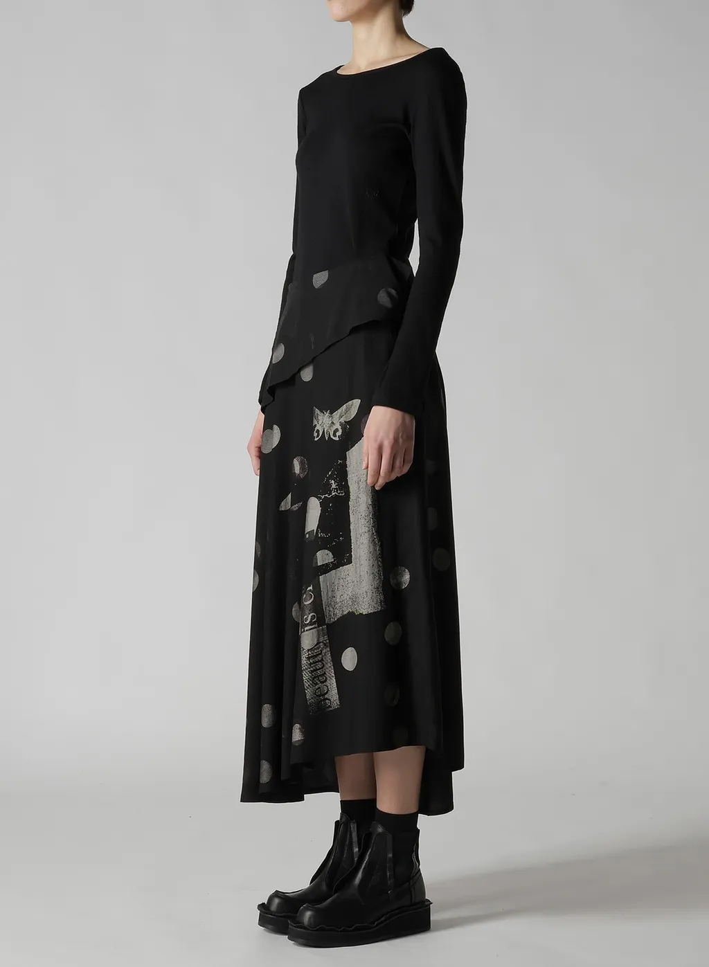 Butterfly-Print Dungaree Twill Asymmetric Long Skirt