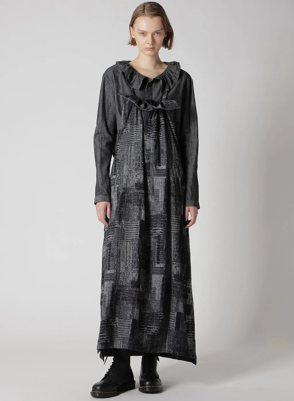 Patchwork Jacquard Front Gather Dress