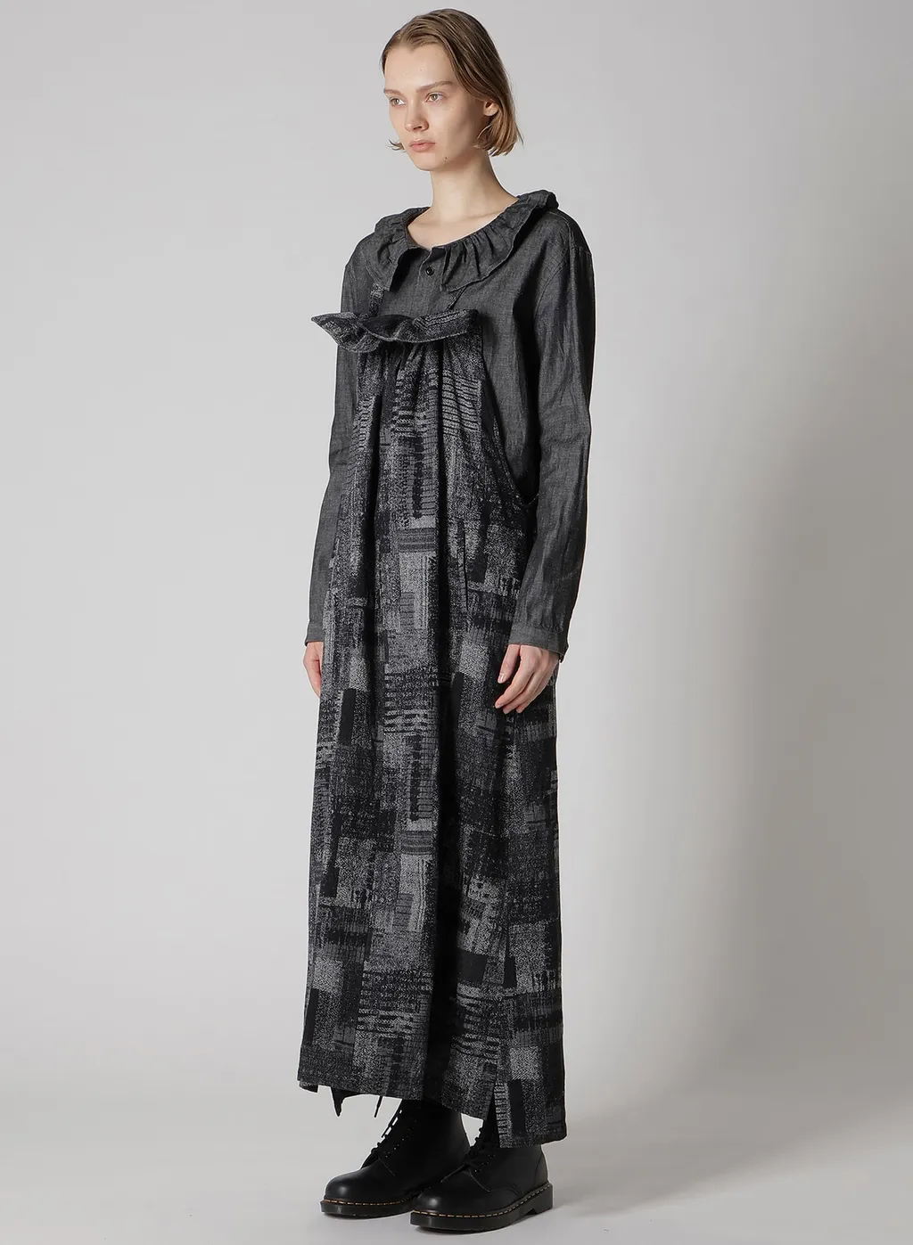 Patchwork Jacquard Front Gather Dress