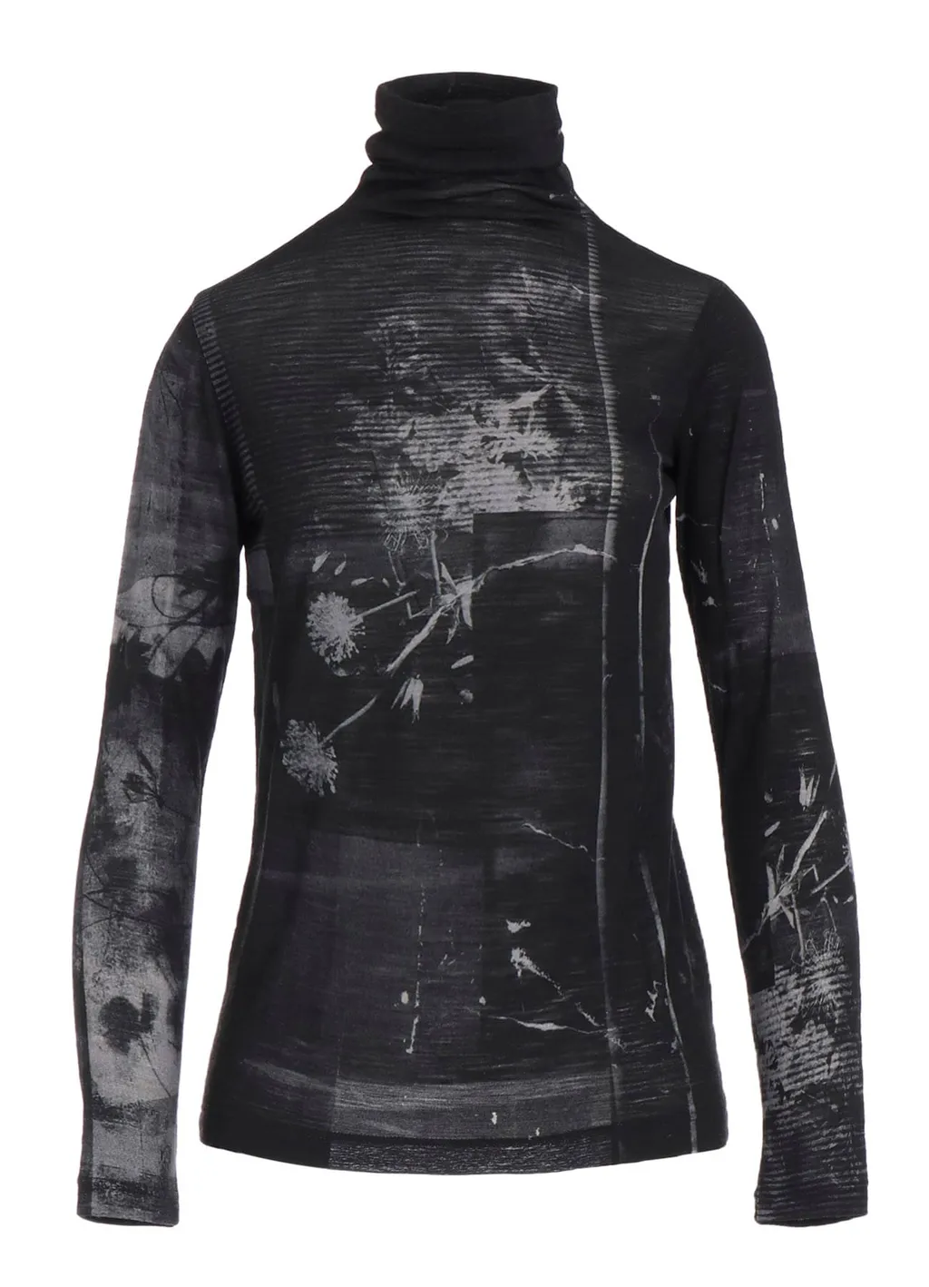 Blurry Flower Printted High Neck Long Sleeve T