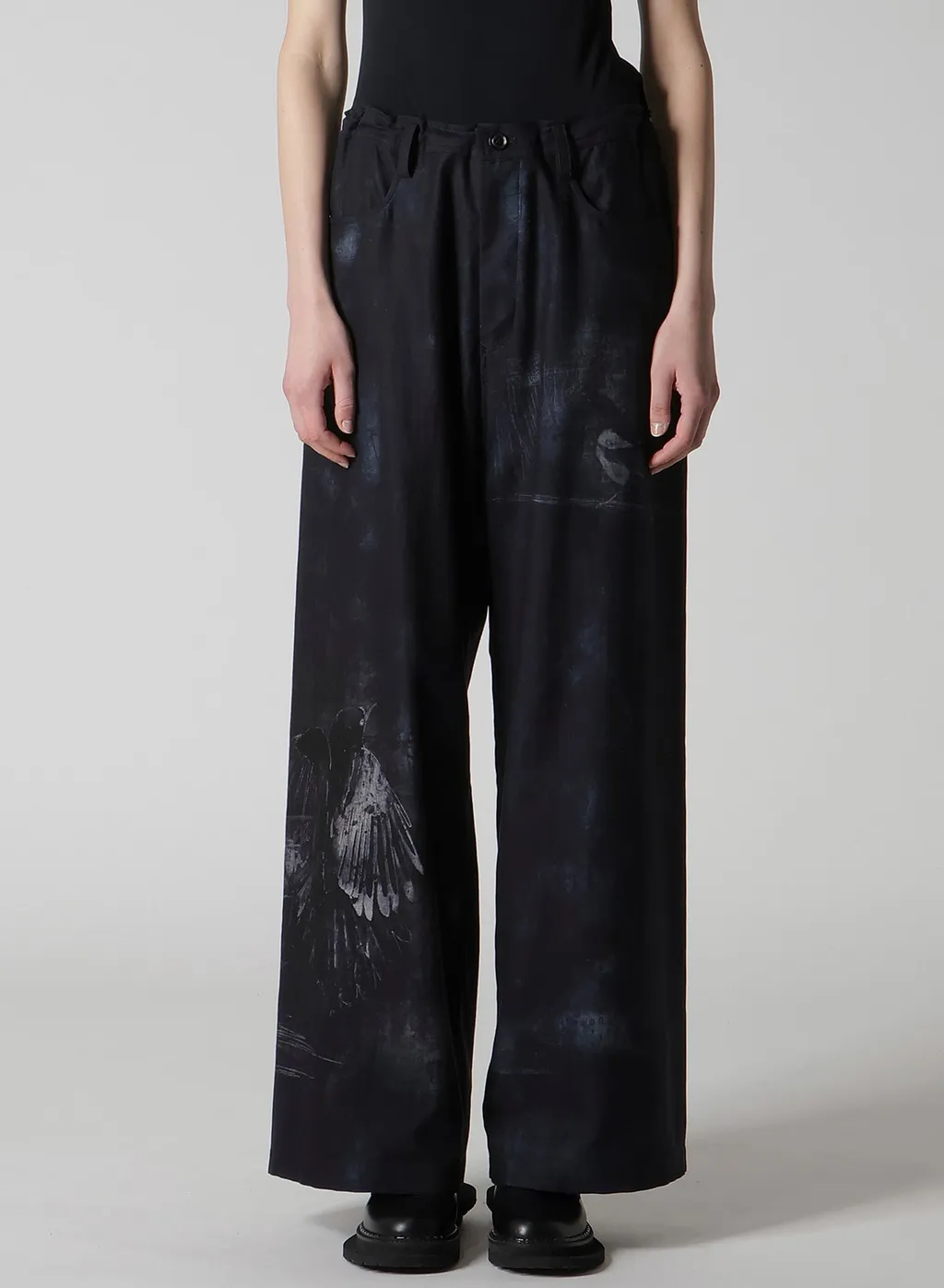 Bird Print Denim Long Straight Pants
