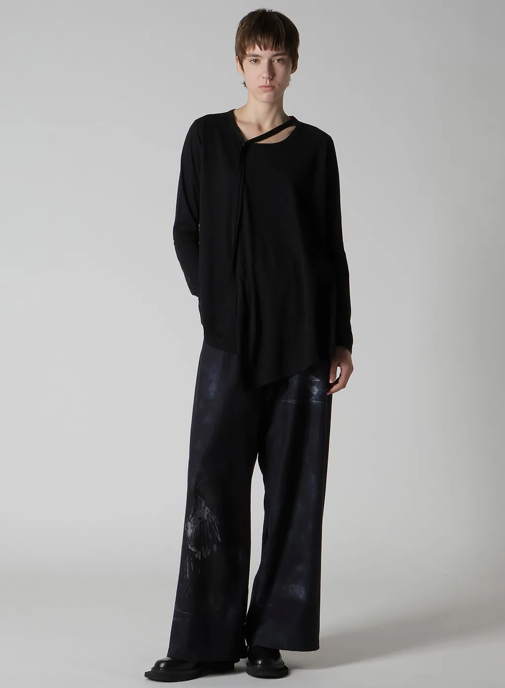Bird Print Denim Long Straight Pants