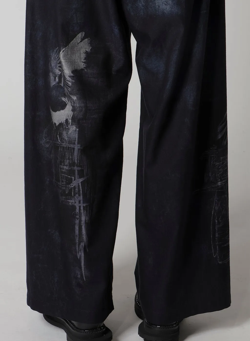 Bird Print Denim Long Straight Pants