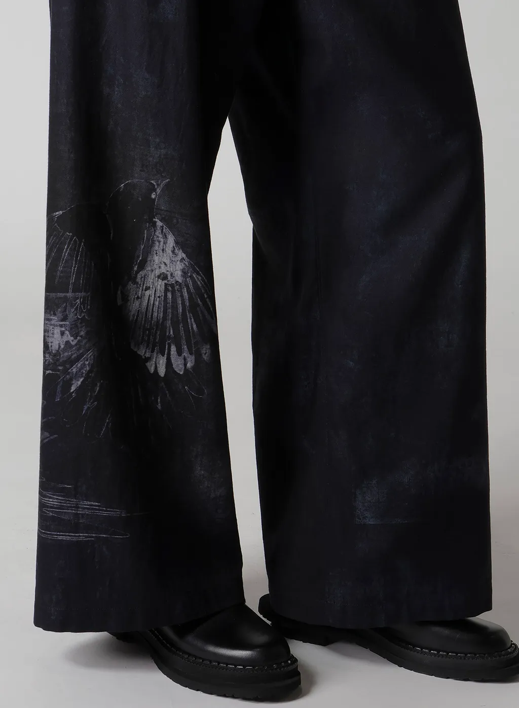 Bird Print Denim Long Straight Pants