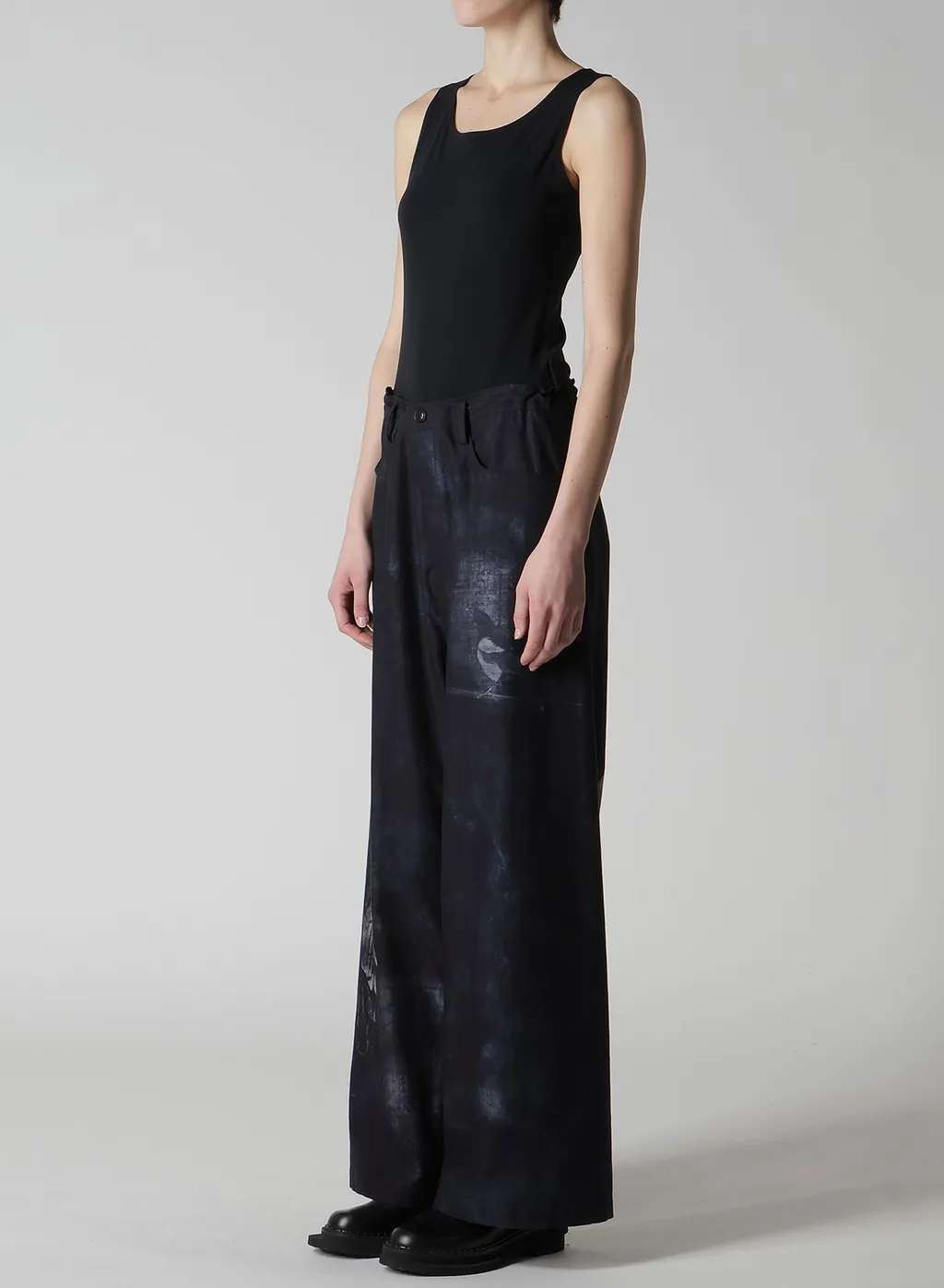 Bird Print Denim Long Straight Pants