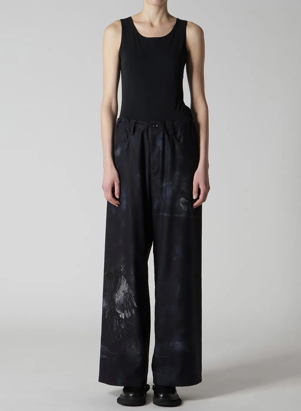 Bird Print Denim Long Straight Pants