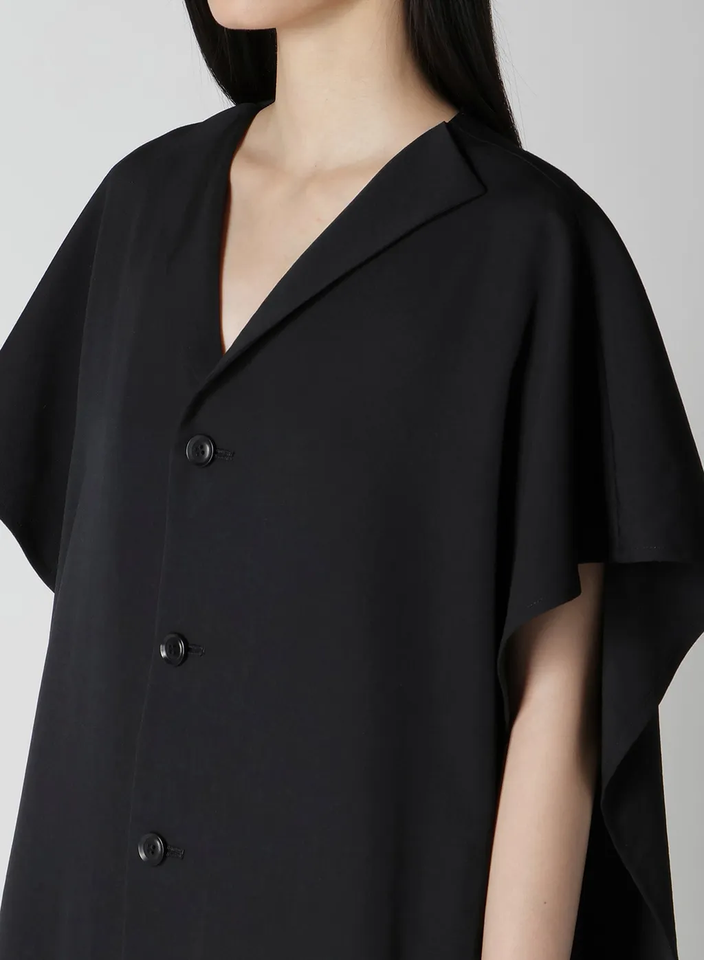 Wool Gabardine Flare Sleeve Front Open Dress