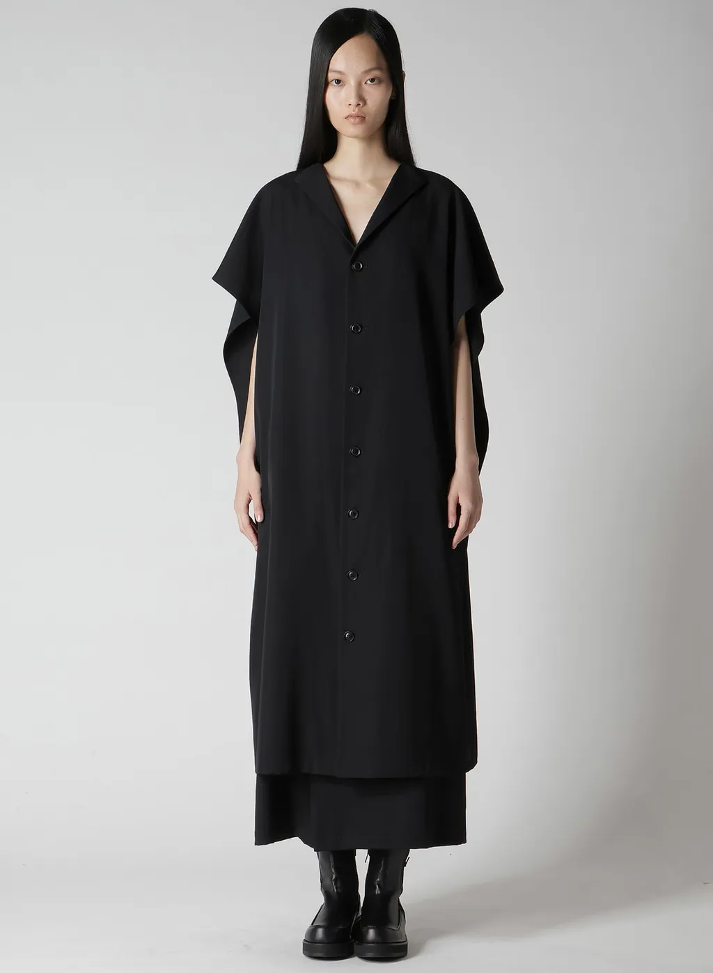 Wool Gabardine Flare Sleeve Front Open Dress