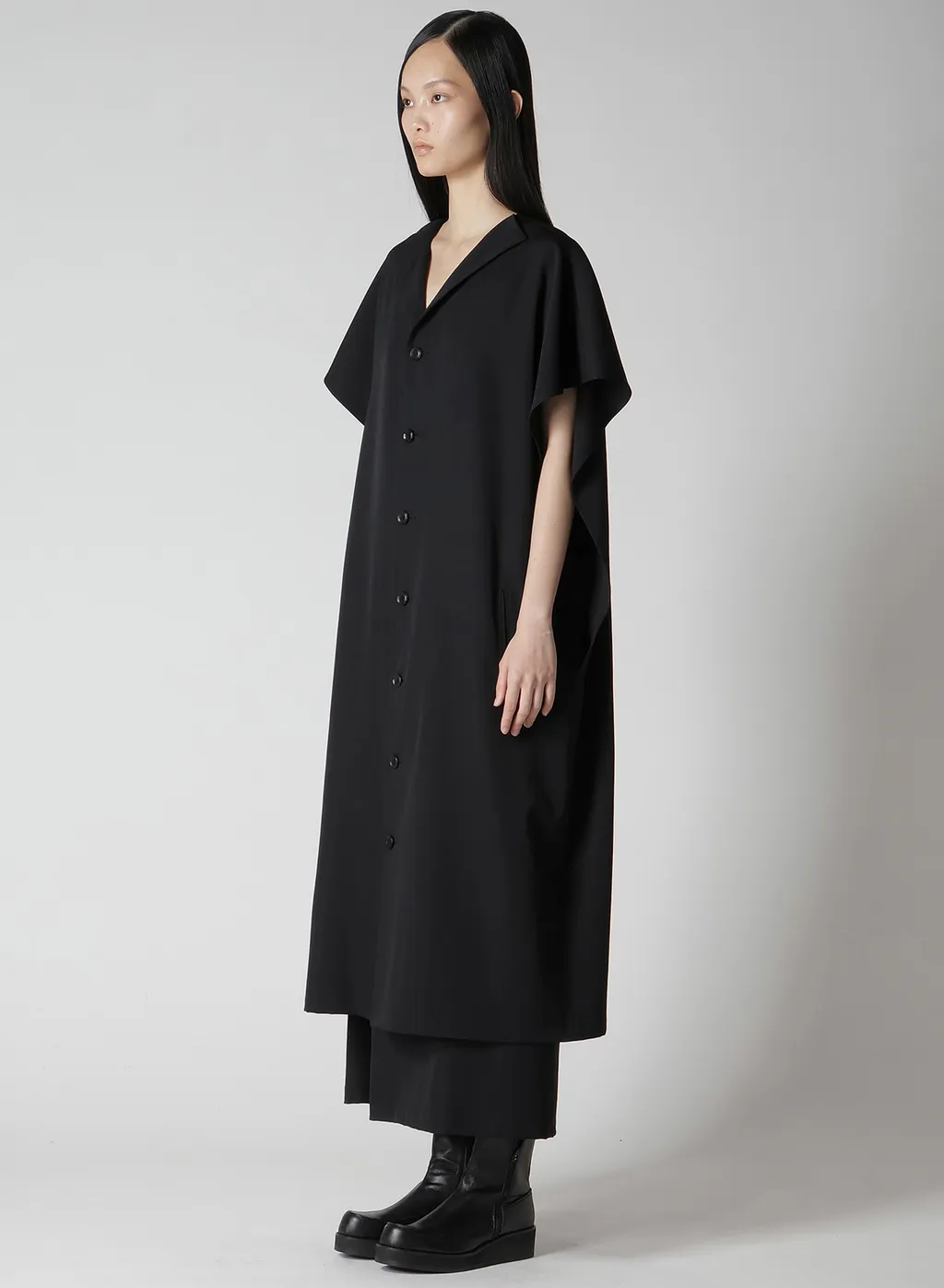 Wool Gabardine Flare Sleeve Front Open Dress