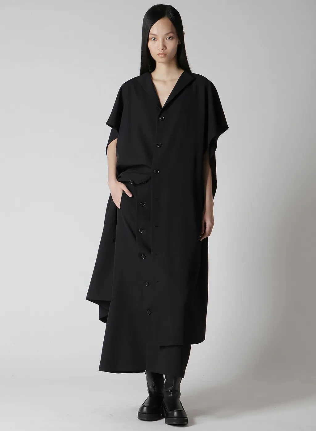 Wool Gabardine Flare Sleeve Front Open Dress
