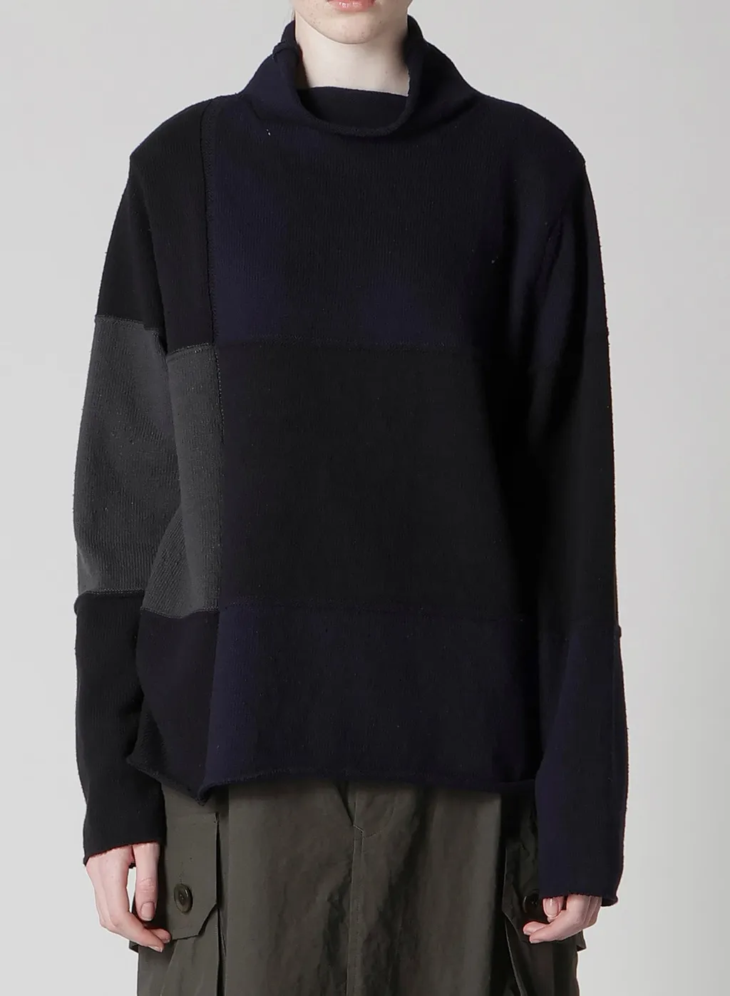 Hard-Twisted Block Intarsia High-Neck Pullover