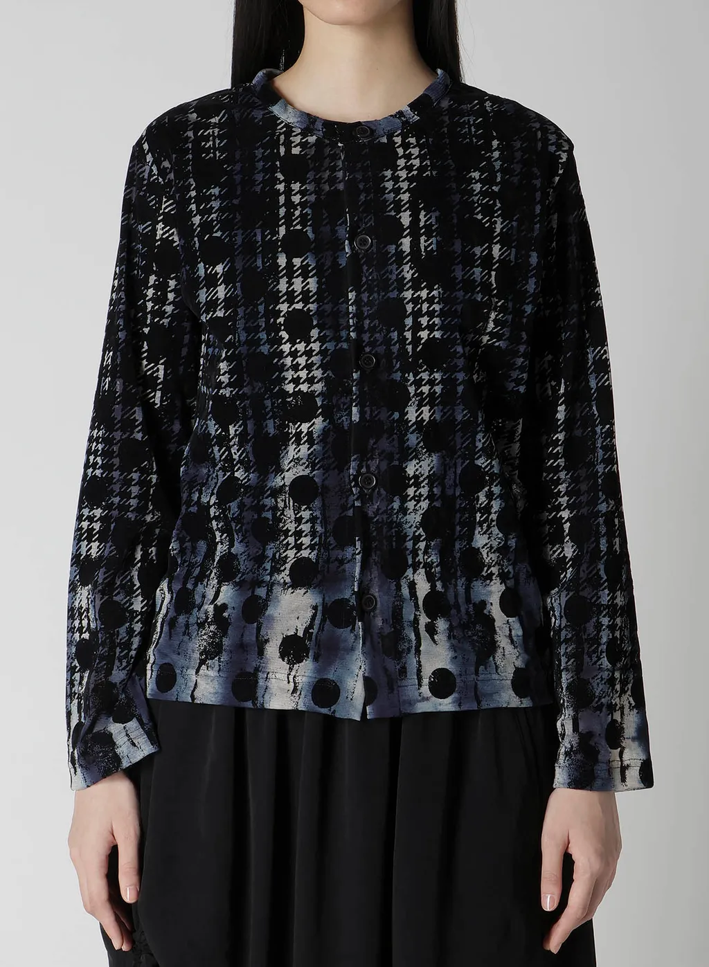 Houndtooth Dots Tulle Round Neck Long Sleeve Cardigan