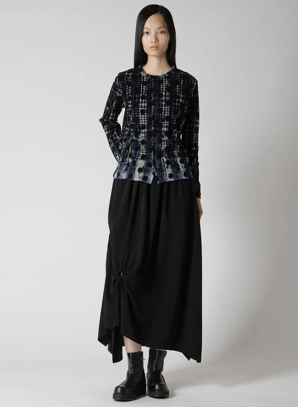 Houndtooth Dots Tulle Round Neck Long Sleeve Cardigan