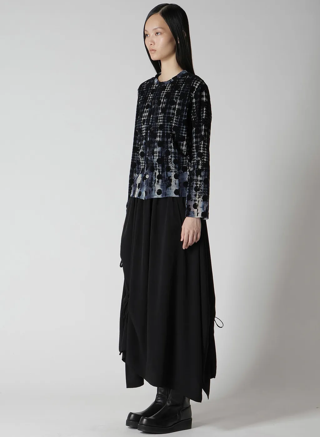 Houndtooth Dots Tulle Round Neck Long Sleeve Cardigan